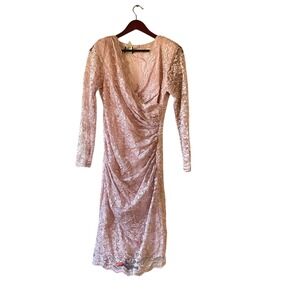 Vintage Midnight Glo Pink Lace Ruched Wrap Midi Dress Long Sleeve Evening Xs